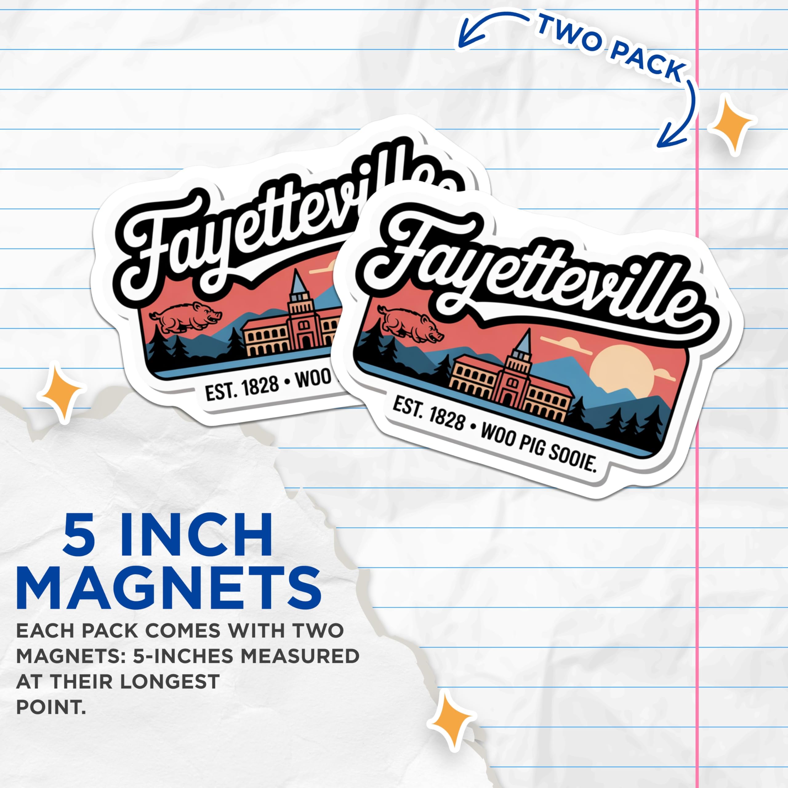 (2 Pack) Fayetteville Arkansas Magnets - Woo Pig Sooie Decor - University Town Souvenir - 5" On Longest Side - Premium Magnet - for Cars, Refrigerators, Toolboxes, Lockers - Made in USA - MAG18031