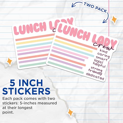 (2 Pack) Lunch Lady Crew Stickers - Kind Caring Smart Stickers - Helpful Strong Friendly Stickers - 5" On Longest Side - Sticks to Smooth Flat Surfaces - Made in USA - BMCS3631
