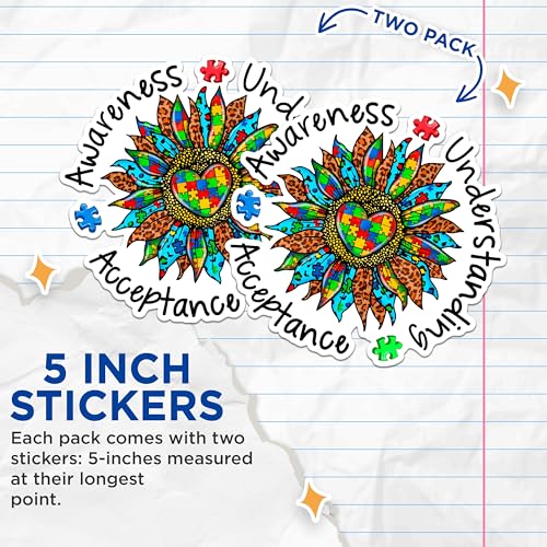 (2 Pack) Autism Awareness Stickers - Sunflower Puzzle Piece Stickers - Acceptance Understanding Stickers - 5" On Longest Side - Sticks to Any Smooth Flat Surface - Made in USA - BMCS2845