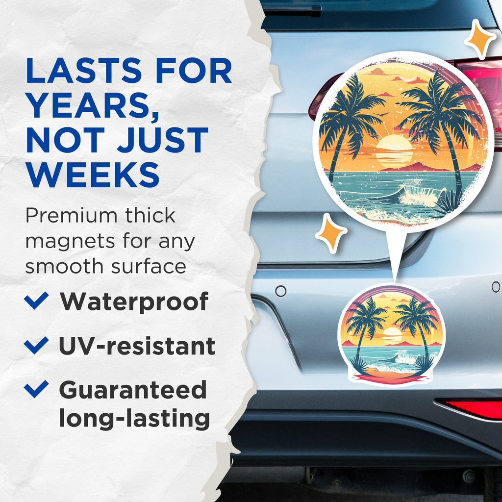 (2 Pack) Tropical Beach Sunset Magnets - Palm Tree Ocean Wave - Retro Summer Vacation Vibe - Coastal Decor - 5 Inches On Longest Side - Thick Durable Magnet - Made in USA - MAG36085