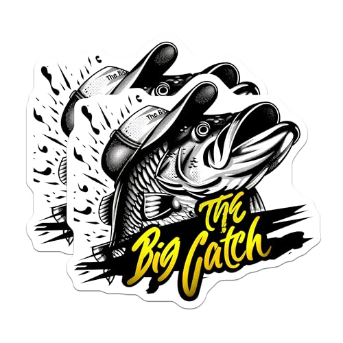 (2 Pack) Fishing Stickers - Big Catch Stickers - Fish Hat Stickers - 5" On Longest Side - Sticks to Any Smooth Flat Surface - Made in USA - BMCS3586