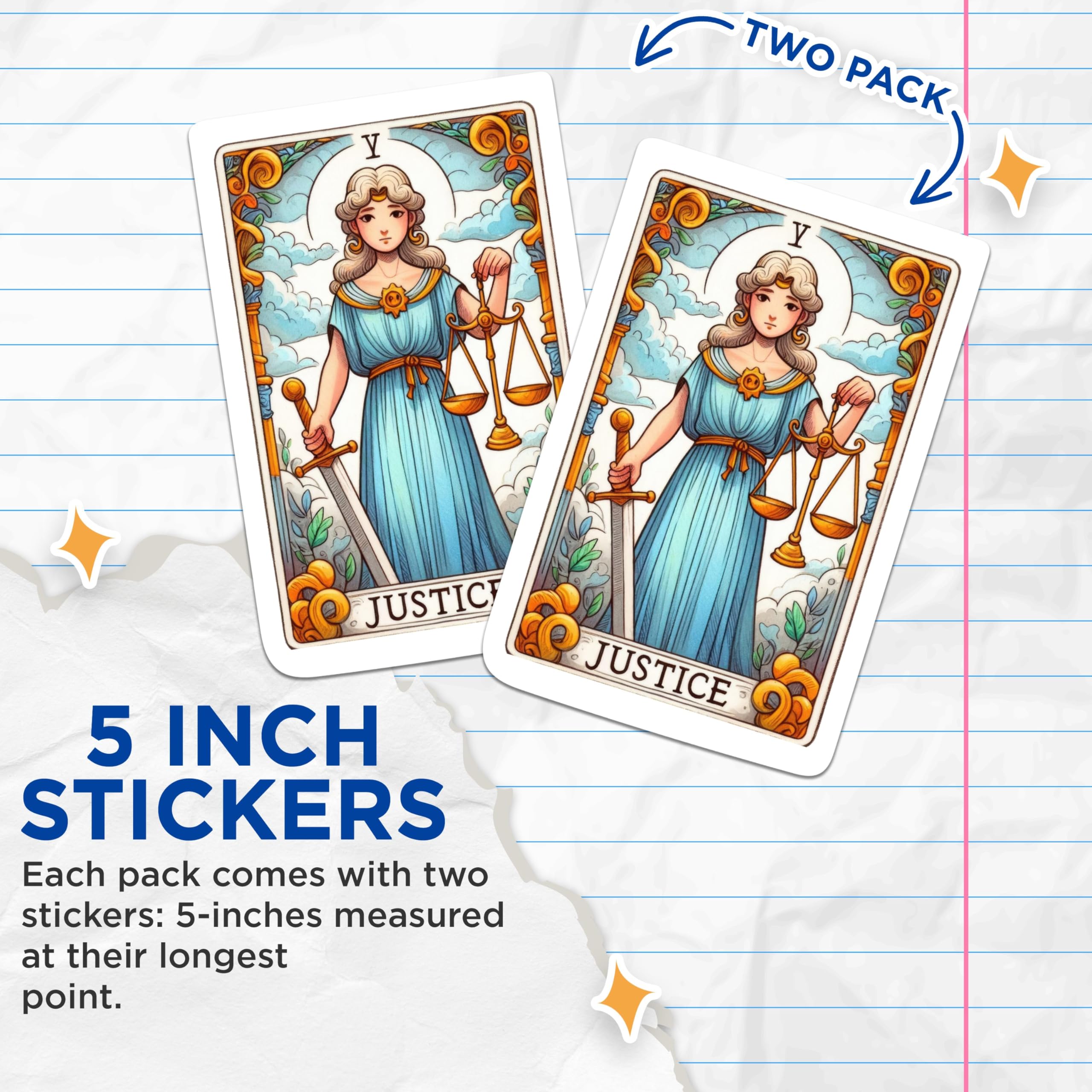 (2 Packs) Justice Tarot Card Stickers - Tarot Spiritual Metaphysical Magic Mystic Decals - 5 Inches On Longest Side - Premium Vinyl Decal - Sticks to Any Smooth Flat Surface - Made in USA - BMCS2265