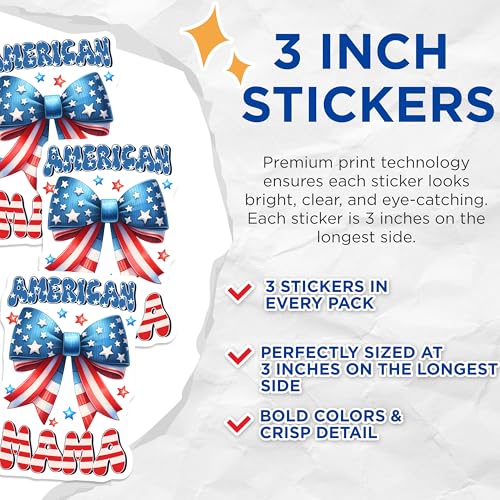 (3 Pack) American Mama Decals - Patriotic Bow - USA Flag Sticker - 3 Inches On Longest Side - Easy Peel & Apply - Made in USA - 3MCS6201