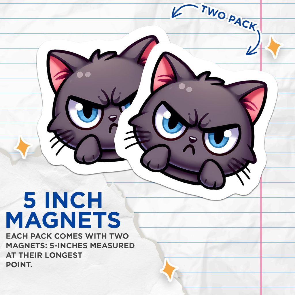 (2 Pack) Black Grumpy Cat Magnets - Annoyed Feline Character Decor - Refrigerator Kitchen Locker Accent - Humorous Kitty Art - 5 Inches On Longest Side - Thick Durable Magnet - Made in USA - MAG20964