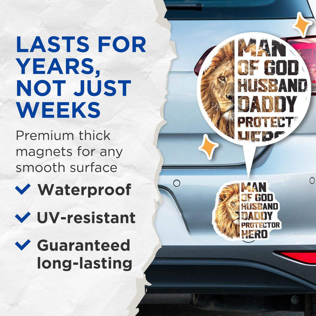 (2 Pack) Lion Man of God Magnets - Husband Daddy Protector - Hero Decorative Magnets - 5" On Longest Side - Premium Magnet - for Cars, Refrigerators, Toolboxes, Lockers - Made in USA - MAG15722