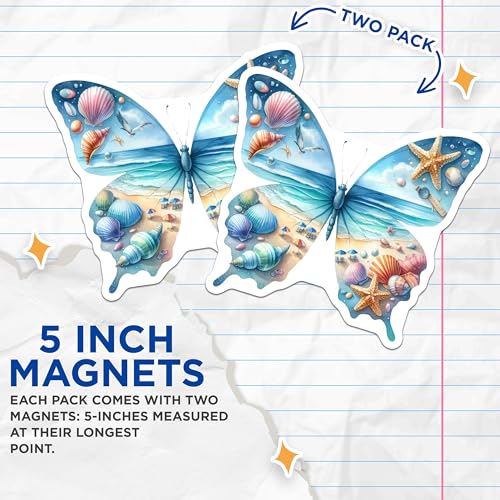 (2 Pack) Butterfly Ocean Beach Scene Magnets - Sea Life Butterfly Decor - Coastal Shells Starfish Magnets - 5" On Longest Side - for Cars, Fridges, Toolboxes - Made in USA - MAG7076