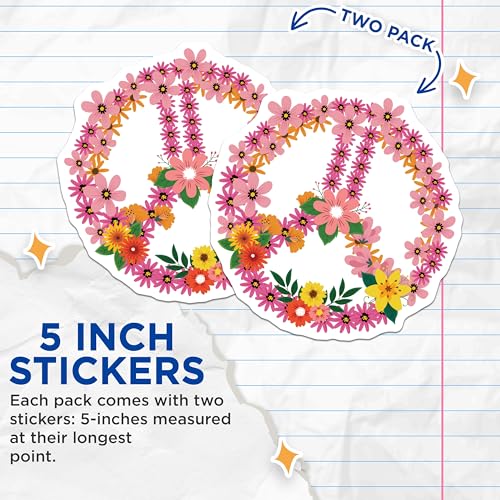 (2 Pack) Peace Sign Flower Stickers - Hippie Floral Stickers - Retro Flower Power Decals - 5" On Longest Side - Sticks to Smooth Flat Surfaces - Made in USA - BMCS4703