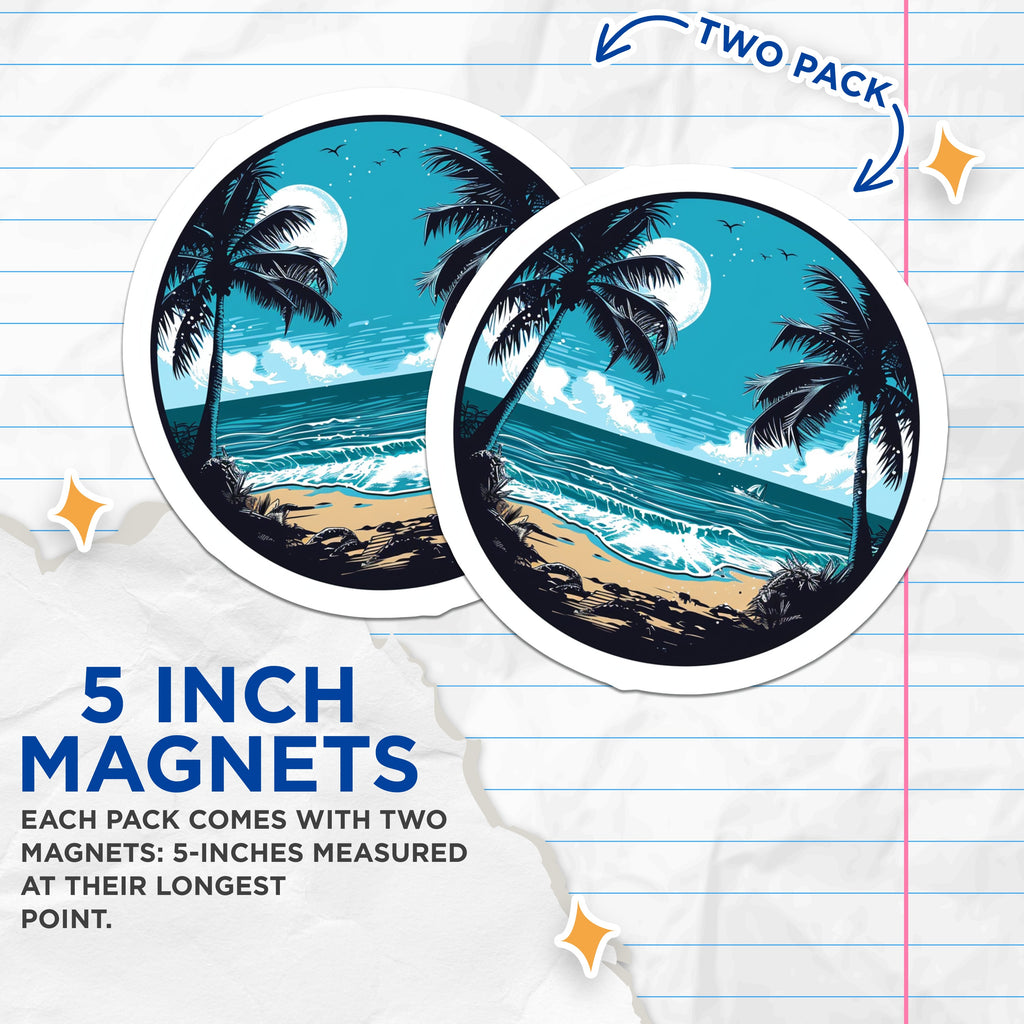 (2 Pack) Tropical Beach Moon Magnets - Palm Tree Ocean Scene - Coastal Vibe Decor - 5 Inches On Longest Side - Thick Durable Magnet - Made in USA - MAG36767