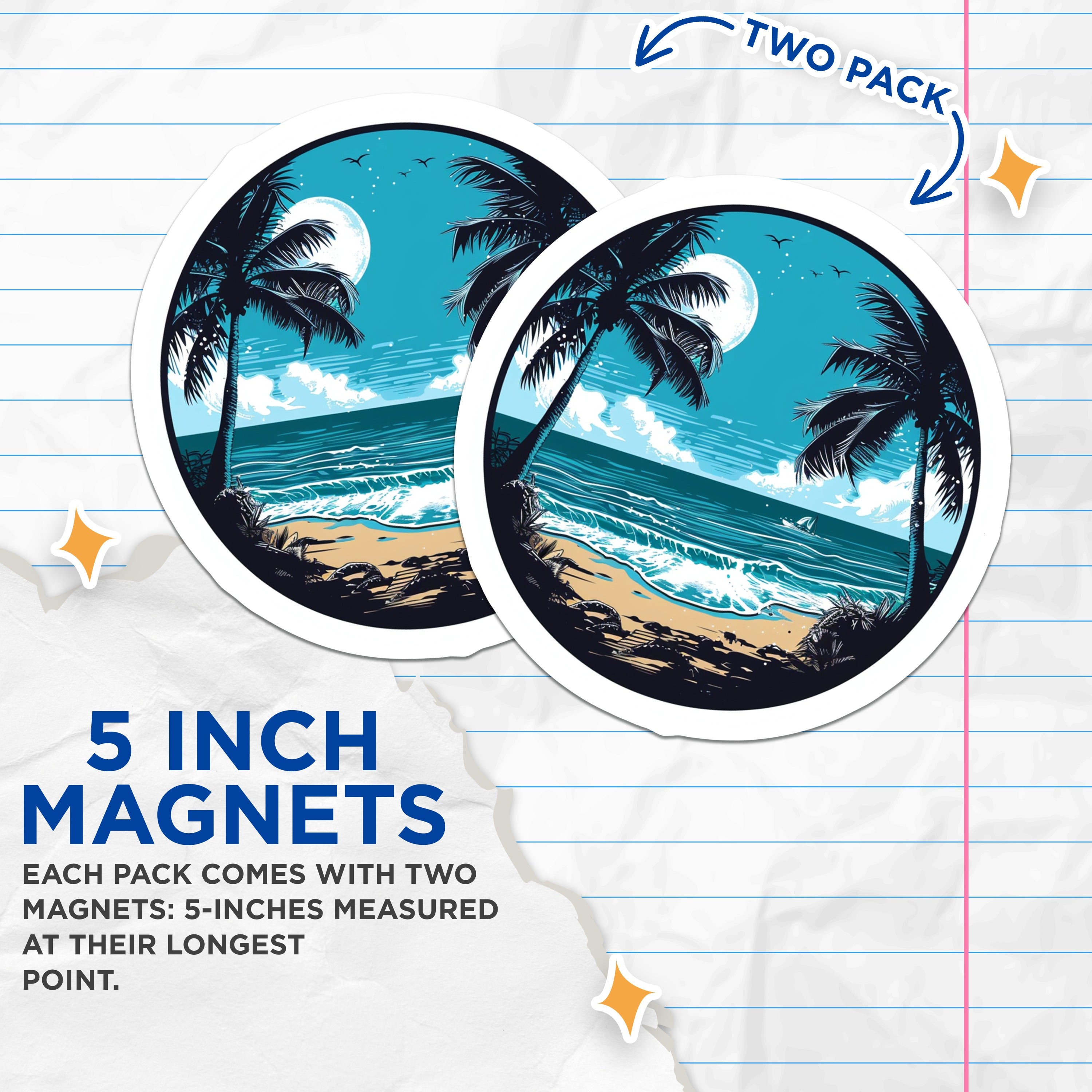 (2 Pack) Tropical Beach Moon Magnets - Palm Tree Ocean Scene - Coastal Vibe Decor - 5 Inches On Longest Side - Thick Durable Magnet - Made in USA - MAG36767