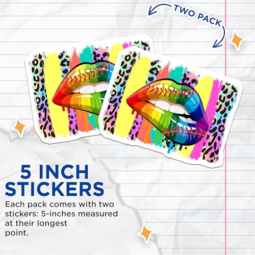 (2 Pack) Rainbow Lips Baseball Stickers - Colorful Animal Print Stickers - Lively Sports Theme Stickers - 5" On Longest Side - Sticks to Smooth Flat Surfaces - Made in USA - BMCS5979