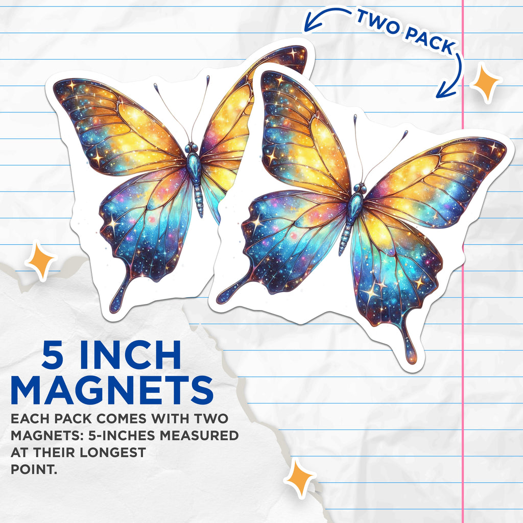 (2 Pack) Galaxy Butterfly Magnets - Celestial Fridge Decor - Whimsical Space Accent - 5 Inches On Longest Side - Thick Durable Magnet - Made in USA - MAG39568