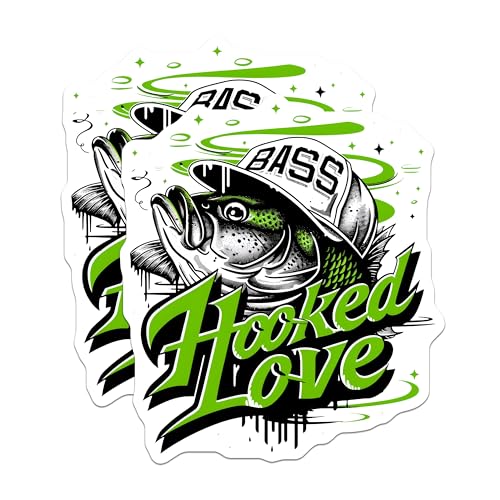 (2 Pack) Bass Fishing Stickers - Hooked Love Stickers - Fisherman Hat Sticker - 5" On Longest Side - Sticks to Any Smooth Flat Surface - Made in USA - BMCS3491