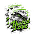 (2 Pack) Bass Fishing Stickers - Hooked Love Stickers - Fisherman Hat Sticker - 5" On Longest Side - Sticks to Any Smooth Flat Surface - Made in USA - BMCS3491