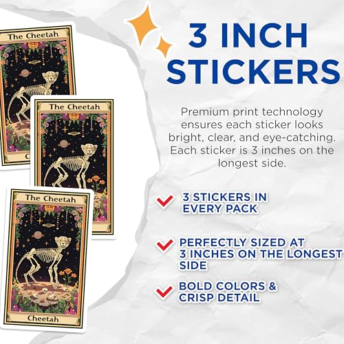 (3 Pack) Cheetah Tarot Decals - Skeleton Cheetah - Planet Art Decals - 3 Inches On Longest Side - Easy Peel & Apply - Made in USA - 3MCS2423
