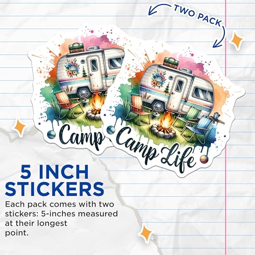 (2 Pack) Camp Life Stickers - Camping Adventure - Outdoor Travel - 5" On Longest Side - Sticks to Smooth Flat Surfaces - Made in USA - BMCS7089