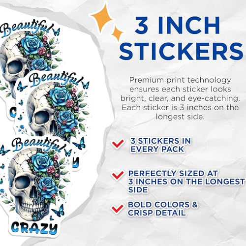 (3 Pack) Skull Decals - Floral Skull - Butterfly Decal - Beautiful Crazy - 3 Inches On Longest Side - Easy Peel & Apply - Made in USA - 3MCS6153