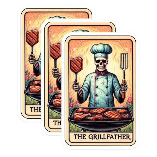 (3 Pack) Grillfather Decals - Funny Grilling Dad - Skeleton Chef Decal - 3 Inches On Longest Side - Easy Peel & Apply - Made in USA - 3MCS4190