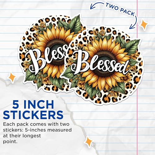 (2 Pack) Blessed Sunflower Stickers - Leopard Print Floral - Inspirational Quote - 5" On Longest Side - Sticks to Any Smooth Flat Surface - Made in USA - BMCS2908