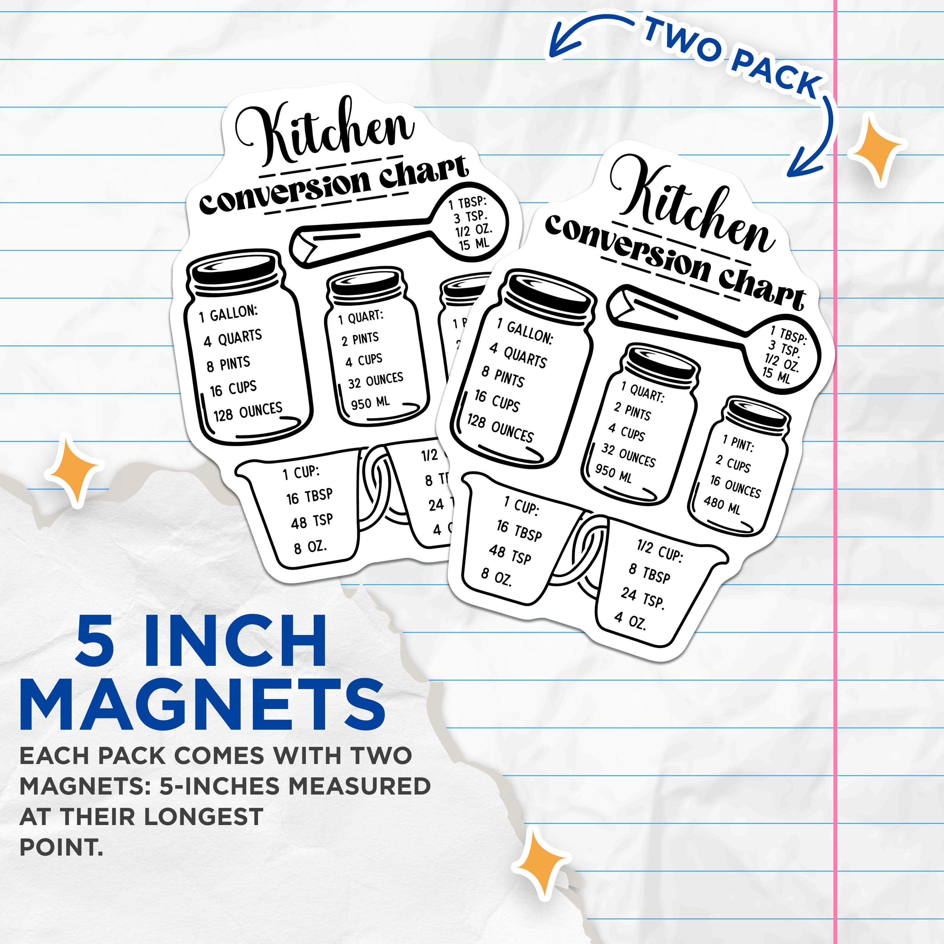 (2 Pack) Kitchen Conversion Chart Magnets - Baking Measurements - Cooking Conversions Helper - Fridge Decor for Cooks - 5 Inches On Longest Side - Thick Durable Magnet - Made in USA - MAG39276