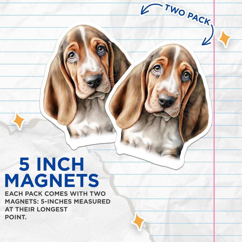 (2 Pack) Basset Hound Puppy Magnets - Adorable Dog Lover Art - Fridge Locker Decor - 5 Inches On Longest Side - Thick Durable Magnet - Made in USA - MAG24345