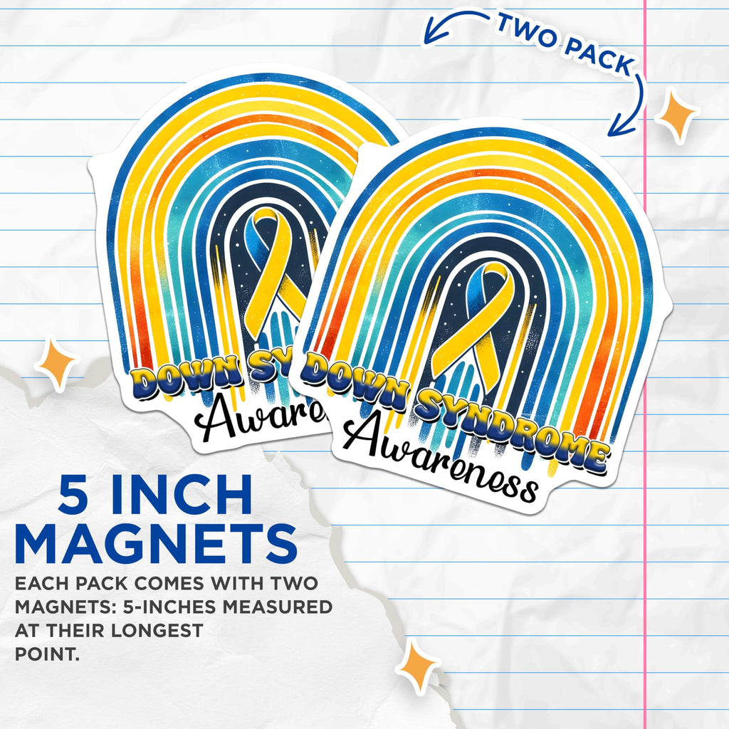 (2 Pack) Down Syndrome Awareness Magnets - Rainbow Ribbon Design - Support Inclusion and Acceptance - 5" On Longest Side - for Cars, Fridges, Toolboxes - Made in USA - MAG8205