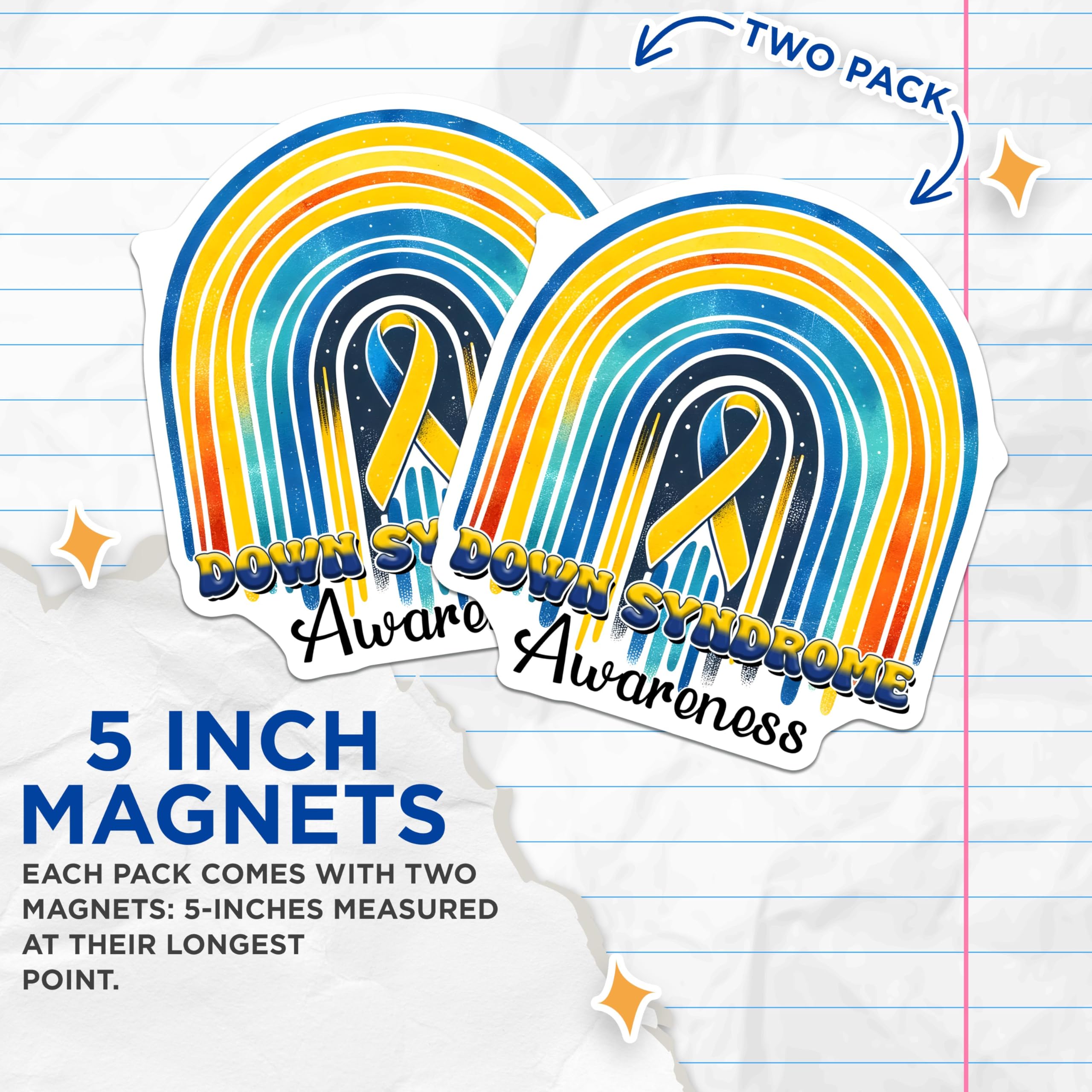 (2 Pack) Down Syndrome Awareness Magnets - Rainbow Ribbon Design - Support Inclusion and Acceptance - 5" On Longest Side - for Cars, Fridges, Toolboxes - Made in USA - MAG8205