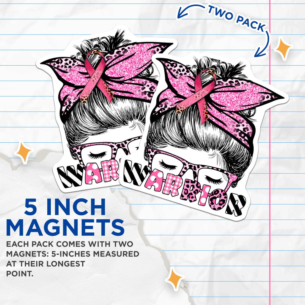 (2 Pack) Breast Cancer Warrior Magnets - Messy Bun - Pink Ribbon Magnet Set - 5" On Longest Side - Premium Magnet - for Cars, Refrigerators, Toolboxes, Lockers - Made in USA - MAG16808