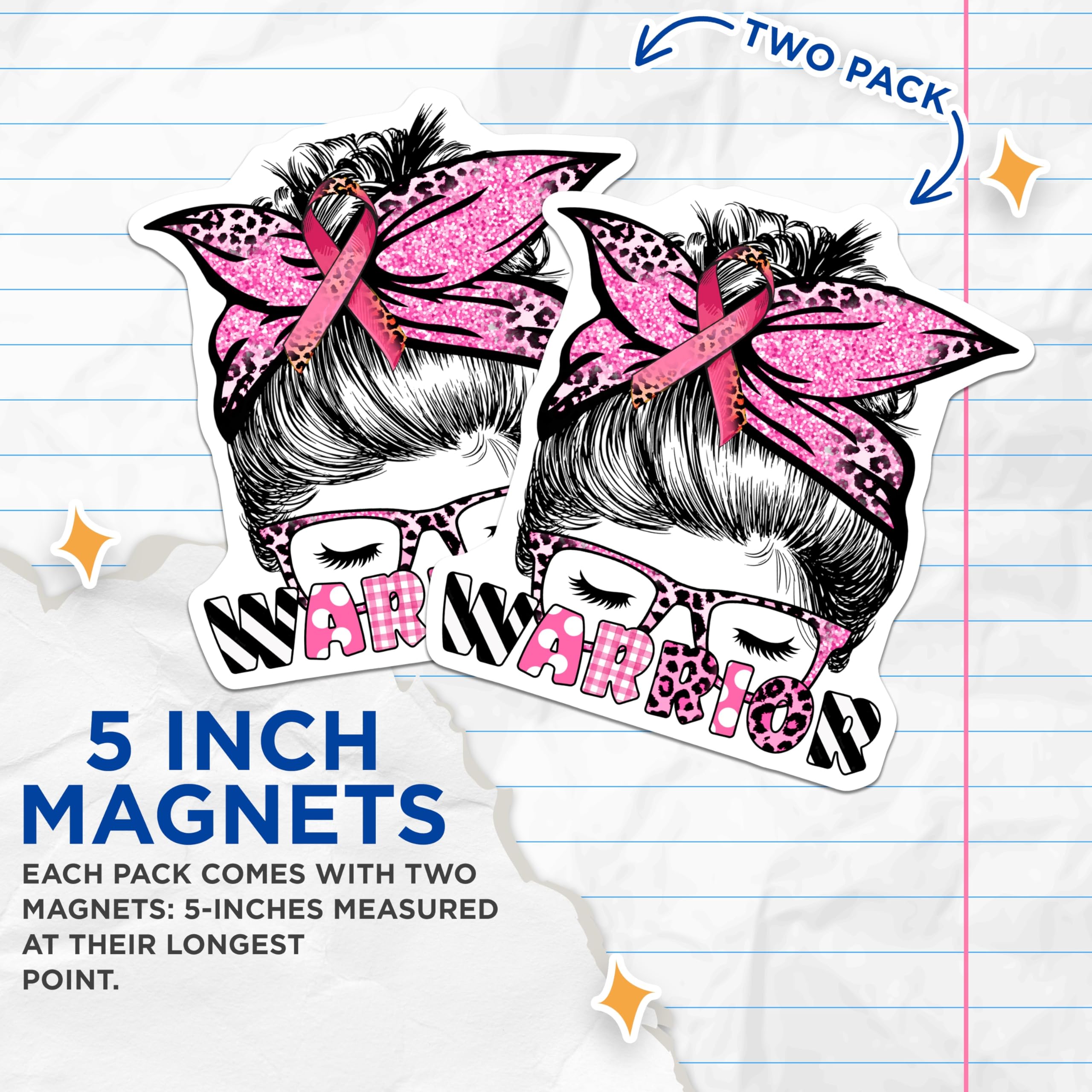 (2 Pack) Breast Cancer Warrior Magnets - Messy Bun - Pink Ribbon Magnet Set - 5" On Longest Side - Premium Magnet - for Cars, Refrigerators, Toolboxes, Lockers - Made in USA - MAG16808