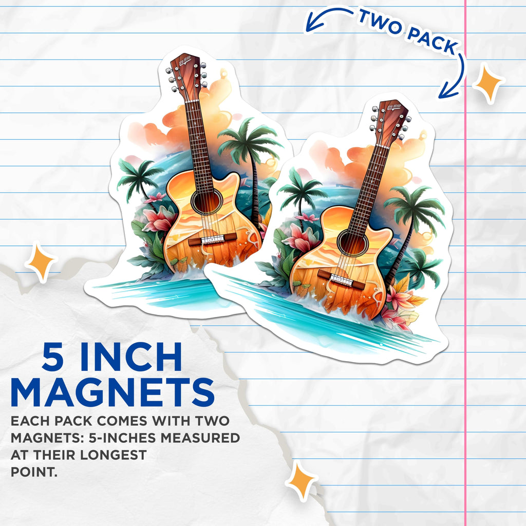 (2 Pack) Acoustic Guitar Magnets - Tropical Beach Island Sunset Art - Music Lover Fridge Decor Accessory - 5 Inches On Longest Side - Thick Durable Magnet - Made in USA - MAG21292