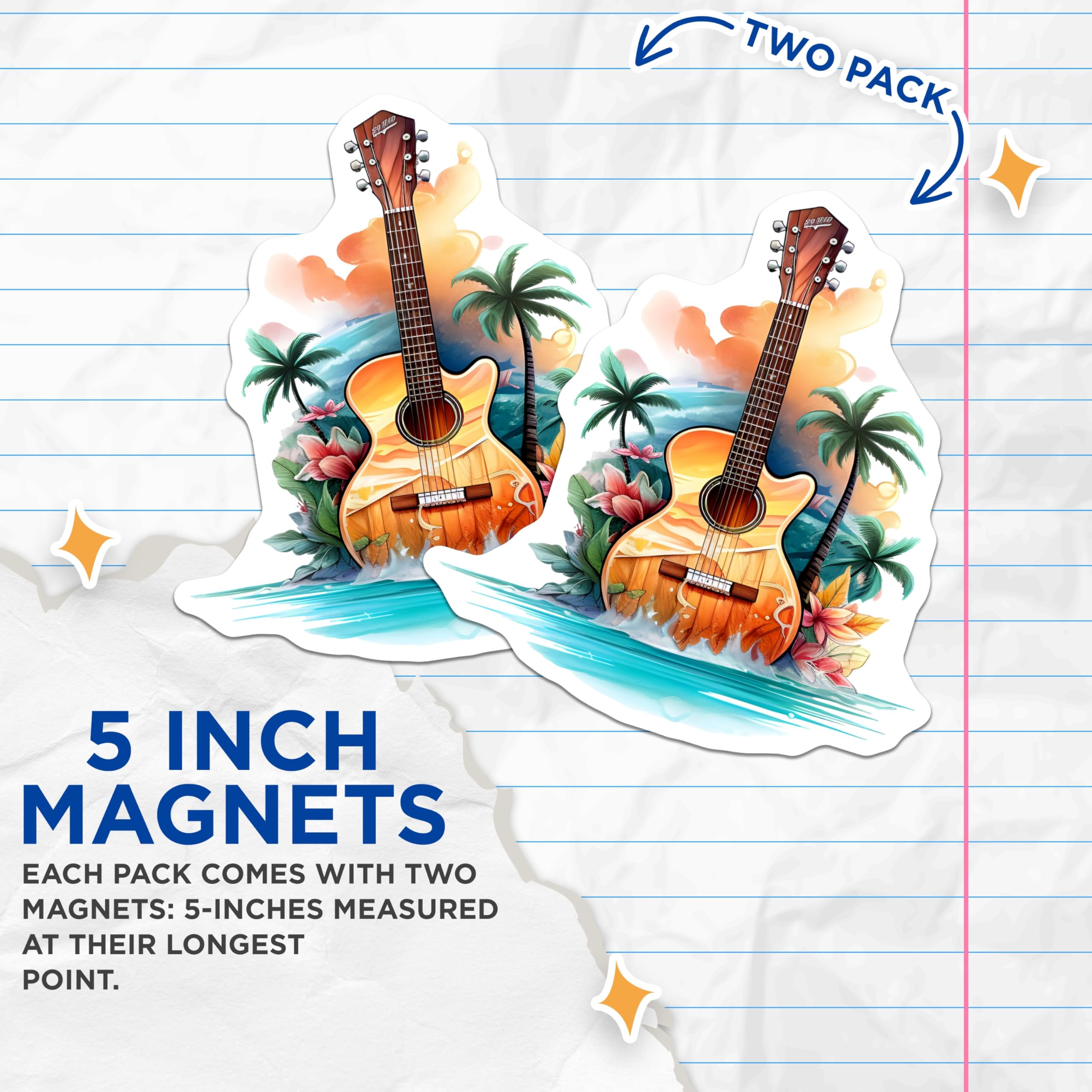 (2 Pack) Acoustic Guitar Magnets - Tropical Beach Island Sunset Art - Music Lover Fridge Decor Accessory - 5 Inches On Longest Side - Thick Durable Magnet - Made in USA - MAG21292