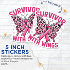 (2 Pack) Survivor with Wings Stickers - Pink Ribbon - Leopard Butterfly - 5" On Longest Side - Sticks to Smooth Flat Surfaces - Made in USA - BMCS5808
