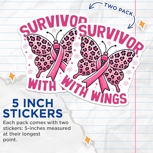 (2 Pack) Survivor with Wings Stickers - Pink Ribbon - Leopard Butterfly - 5" On Longest Side - Sticks to Smooth Flat Surfaces - Made in USA - BMCS5808