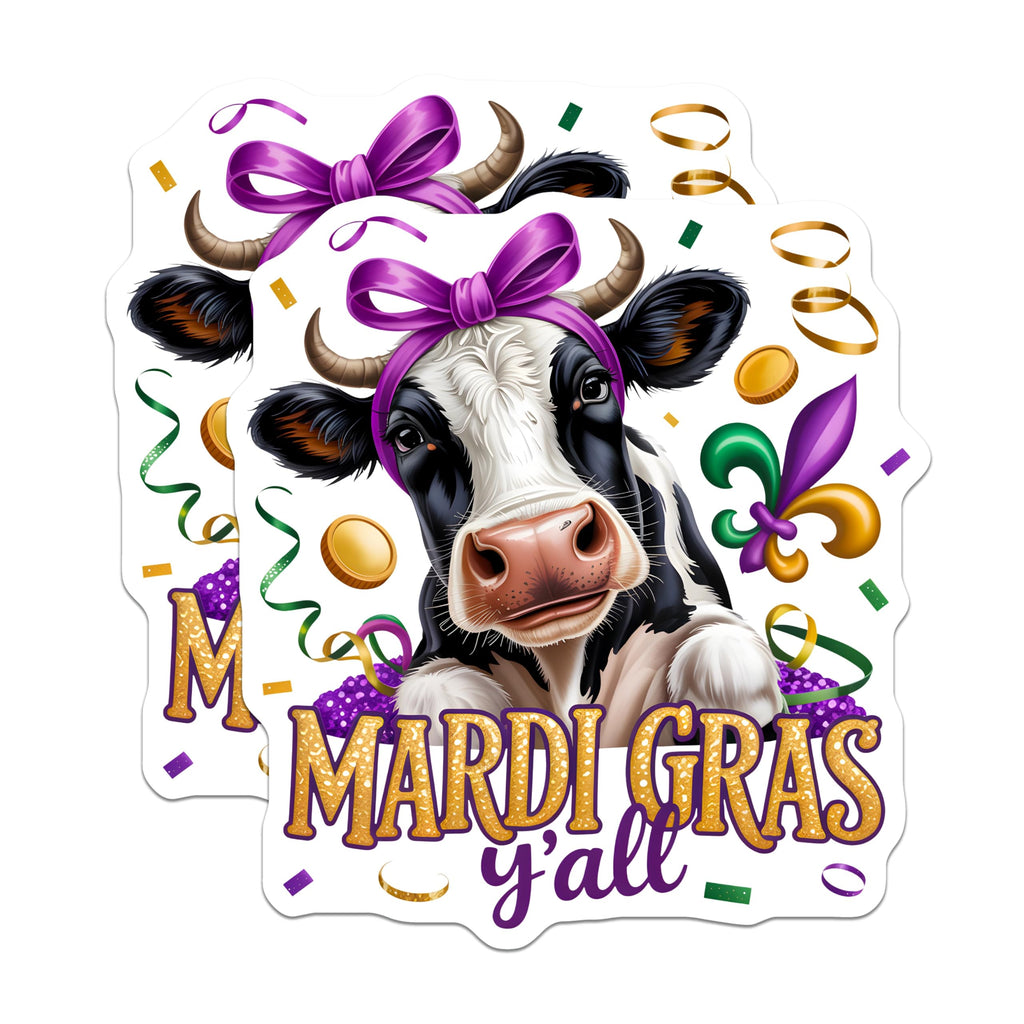 (2 Pack) Mardi Gras Cow Magnets - Festive Farmhouse Decor - New Orleans Celebration Item - Louisiana Party Favors - 5 Inches On Longest Side - Thick Durable Magnet - Made in USA - MAG26647