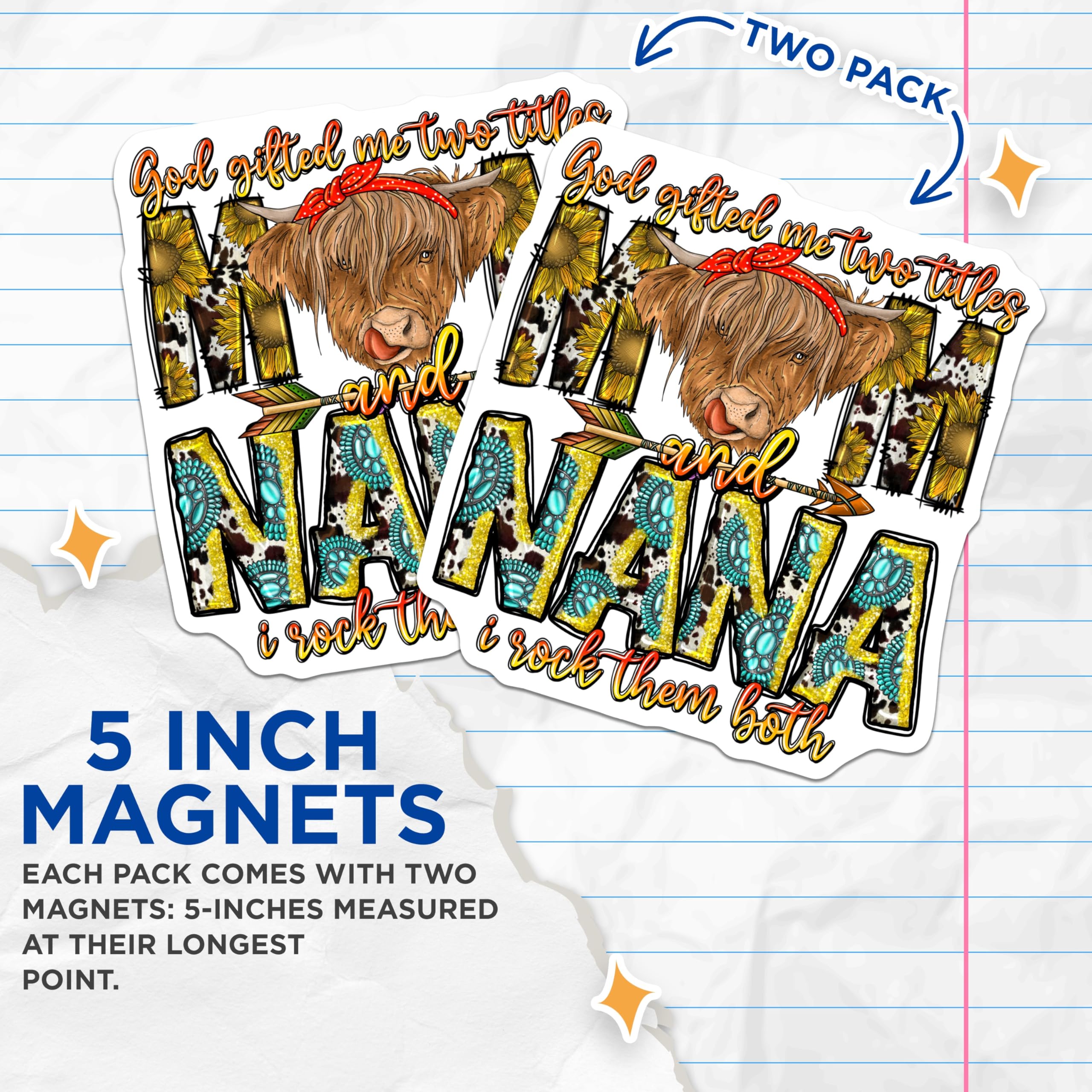 (2 Pack) Highland Cow Mom Nana Magnets - Western Country Mama Grandma - Mothers Day Birthday - 5 Inches On Longest Side - Thick Durable Magnet - Made in USA - MAG30089