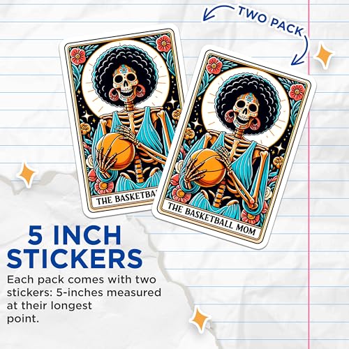 (2 Pack) Basketball Mom Stickers - Skull Art Stickers - Sports Mom Stickers - 5" On Longest Side - Sticks to Smooth Flat Surfaces - Made in USA - BMCS4764