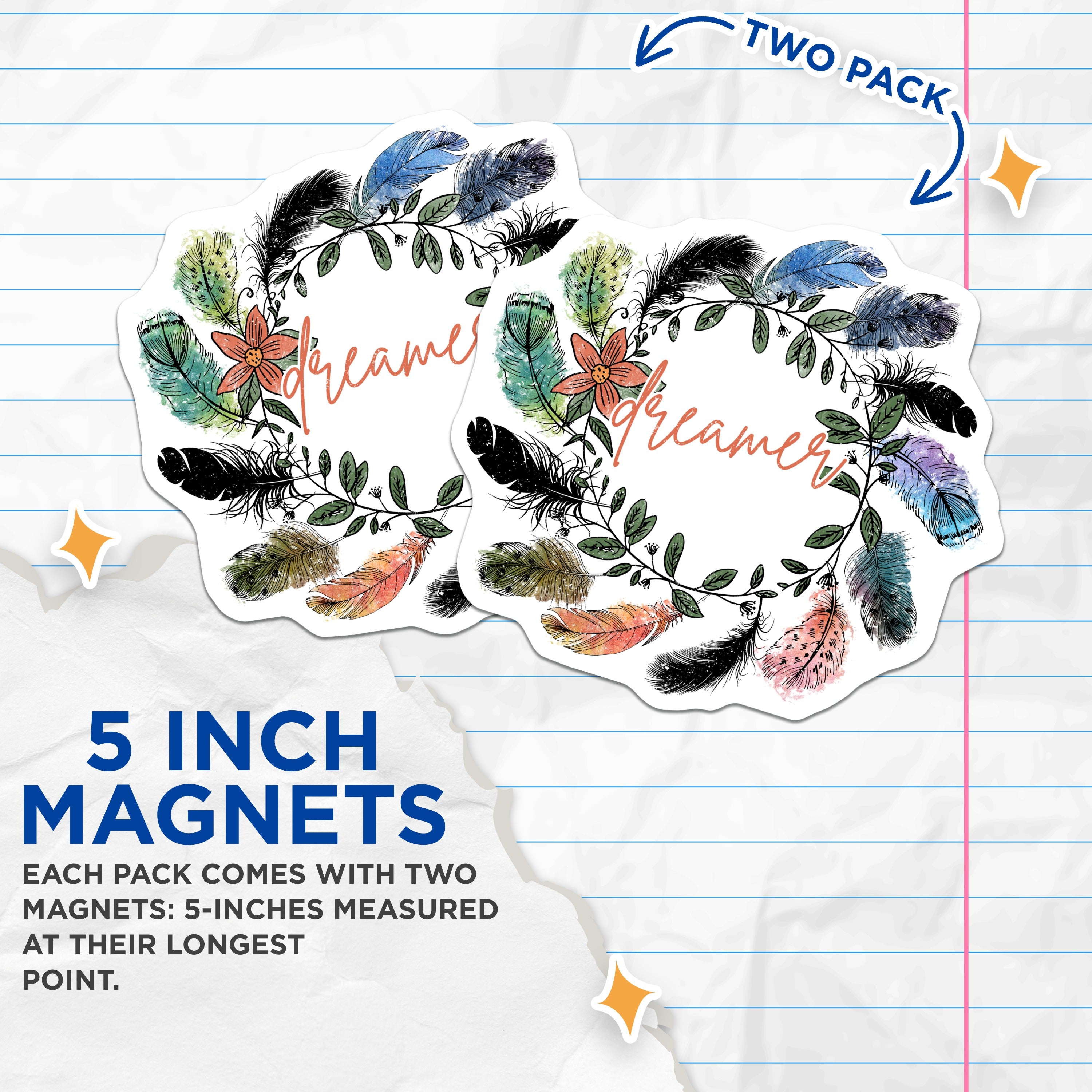 (2 Pack) Dreamer Magnets - Boho Feather Decor - Inspirational Refrigerator Magnets - 5 Inches On Longest Side - Thick Durable Magnet - Made in USA - MAG36706