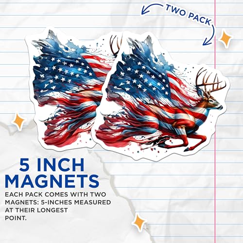 (2 Pack) American Flag Deer Magnets Magnets - Patriotic Wildlife - 5" On Longest Side - Made in USA - Sticks to Refrigerators & Metal Surfaces - MAG8653