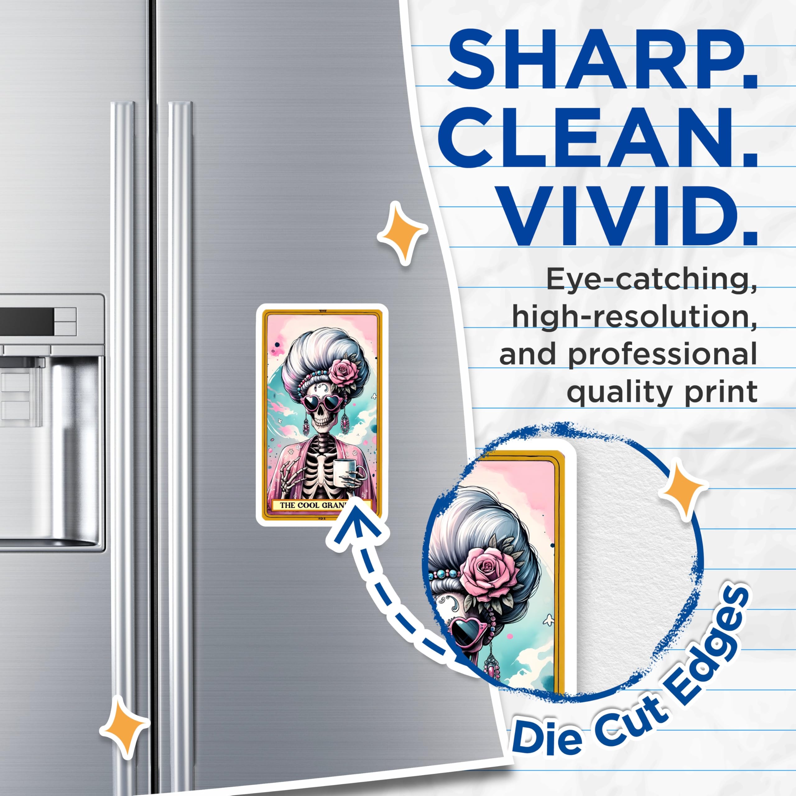 (2 Pack) Cool Grandma Magnets - Skeleton Tarot Card Art - Humorous Granny Home Decor - 5 Inches On Longest Side - Thick Durable Magnet - Made in USA - MAG23660