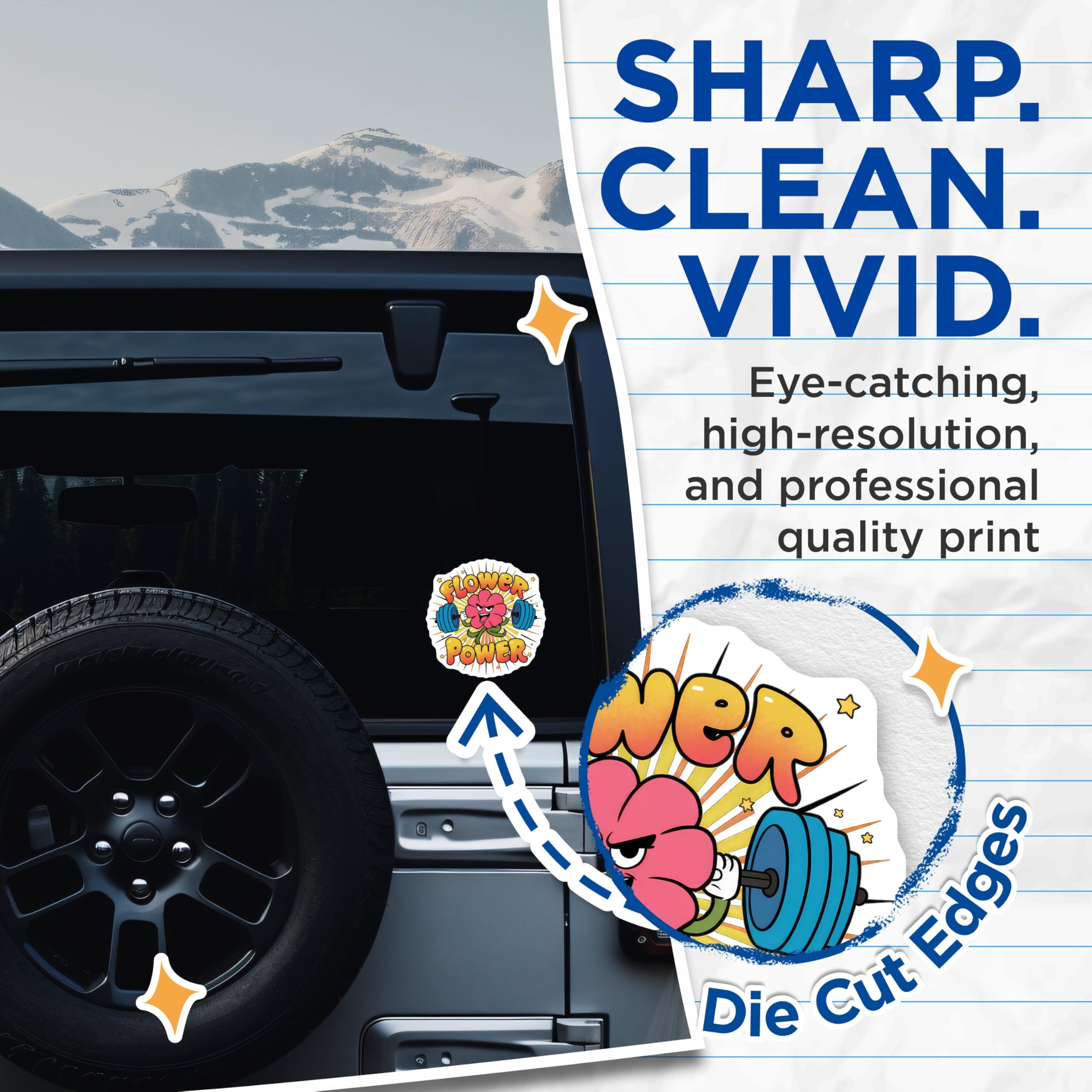 (2 Pack) Flower Power Stickers - Cartoon Flower - Workout Motivational Stickers - 5" On Longest Side - Sticks to Smooth Flat Surfaces - Made in USA - BMCS5847
