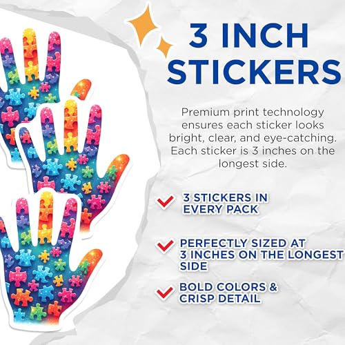 (3 Pack) Autism Awareness Decals - Puzzle Piece Hand - Inclusion Decals - 3 Inches On Longest Side - Easy Peel & Apply - Made in USA - 3MCS6654