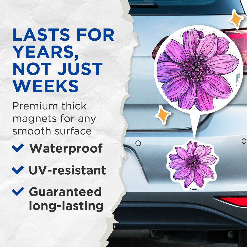 (2 Pack) Purple Dahlia Magnets - Vibrant Floral Fridge Decor - Botanical Art Accent Kitchen Refrigerator - 5 Inches On Longest Side - Thick Durable Magnet - Made in USA - MAG39114