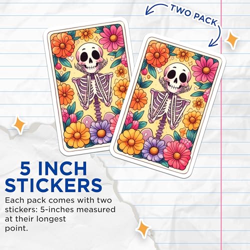 (2 Pack) Skeleton Flowers Stickers - Cute Skeleton - Floral Skeleton Art - 5" On Longest Side - Sticks to Smooth Flat Surfaces - Made in USA - BMCS9400