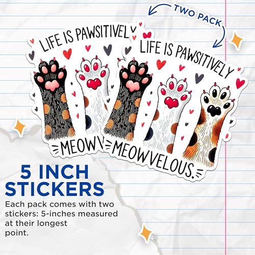 (2 Pack) Cat Paws Stickers - Animal Paw - Fun Pet - Cute Cartoon Stickers - Paws of Different - 5" On Longest Side - Sticks to Any Smooth Flat Surface - Made in USA - BMCS2797