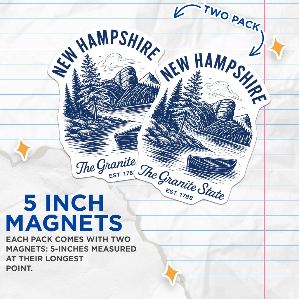 (2 Pack) New Hampshire Magnets - Granite State Landscape - Lake Mountain Cabin Decor - NH Home Souvenir - 5 Inches On Longest Side - Thick Durable Magnet - Made in USA - MAG21170