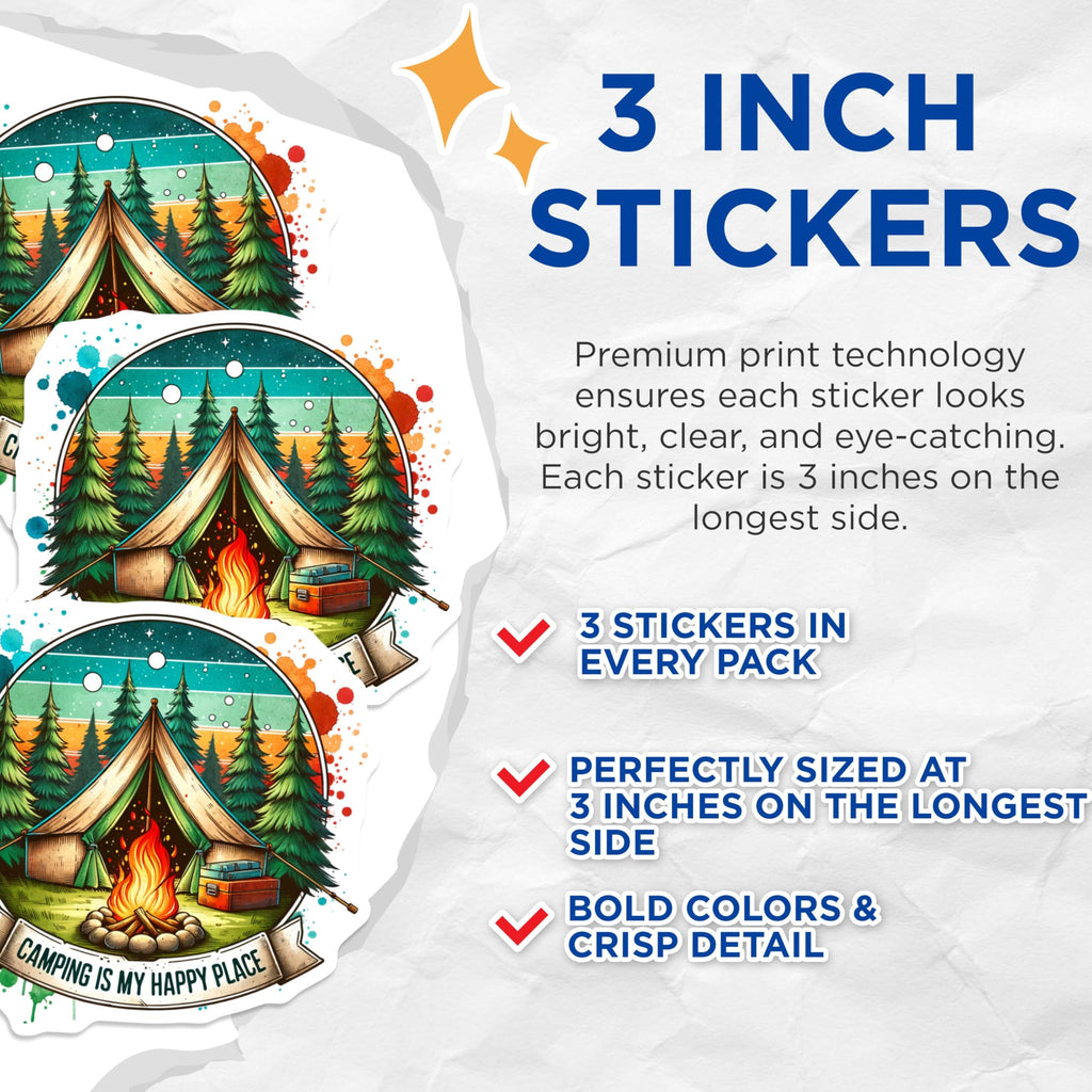 (3 Pack) Camping is My Happy Place Decals - Bonfire Tent - Outdoor Adventure- 3 Inches On Longest Side - Easy Peel & Apply - Made in USA - 3MCS5350