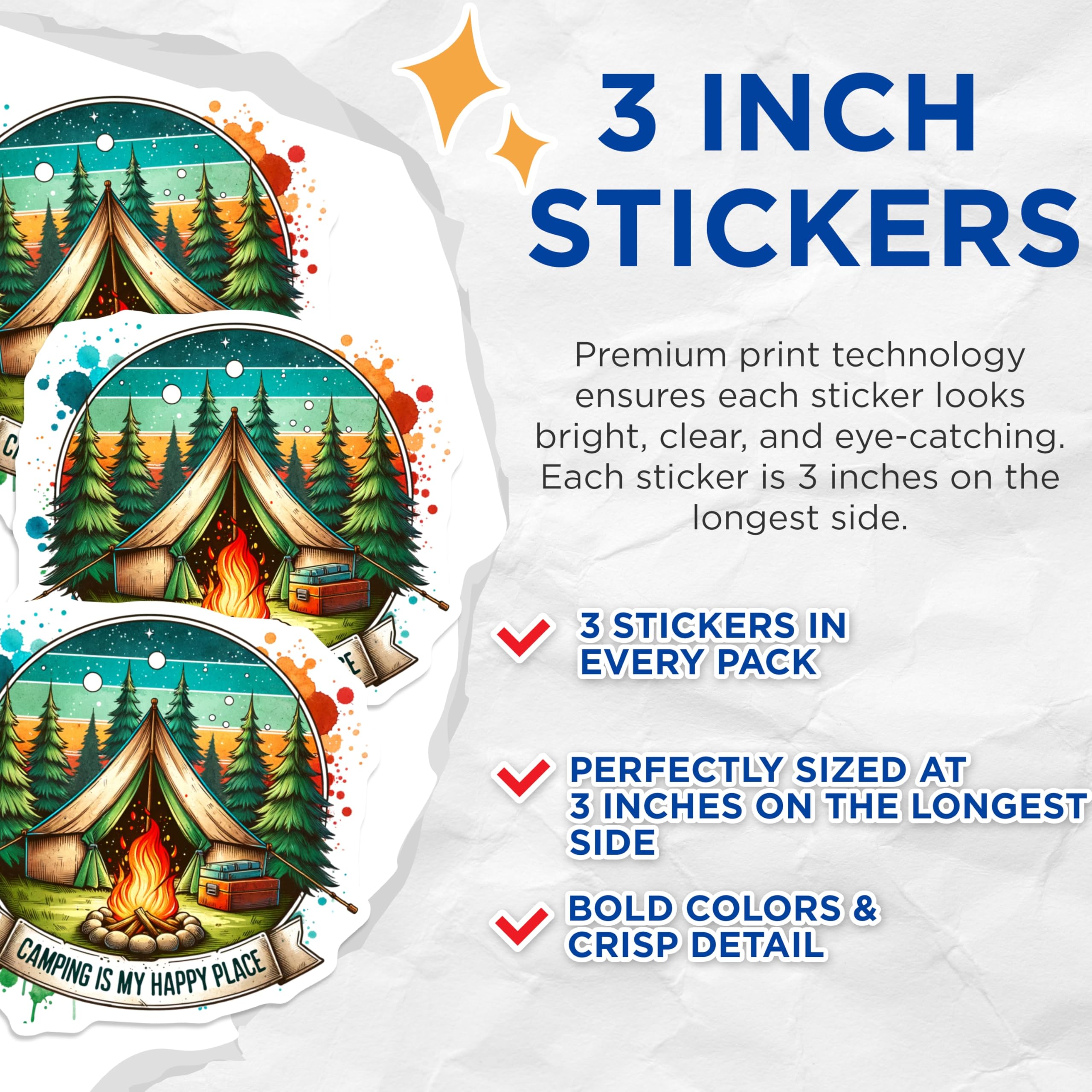 (3 Pack) Camping is My Happy Place Decals - Bonfire Tent - Outdoor Adventure- 3 Inches On Longest Side - Easy Peel & Apply - Made in USA - 3MCS5350