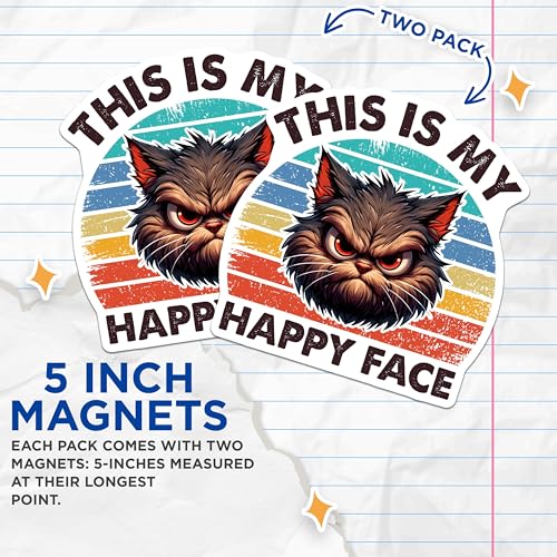 (2 Pack) Funny Cat Magnets - This is My Happy Face - 5" On Longest Side - for Cars, Fridges, Toolboxes - Made in USA - MAG7343