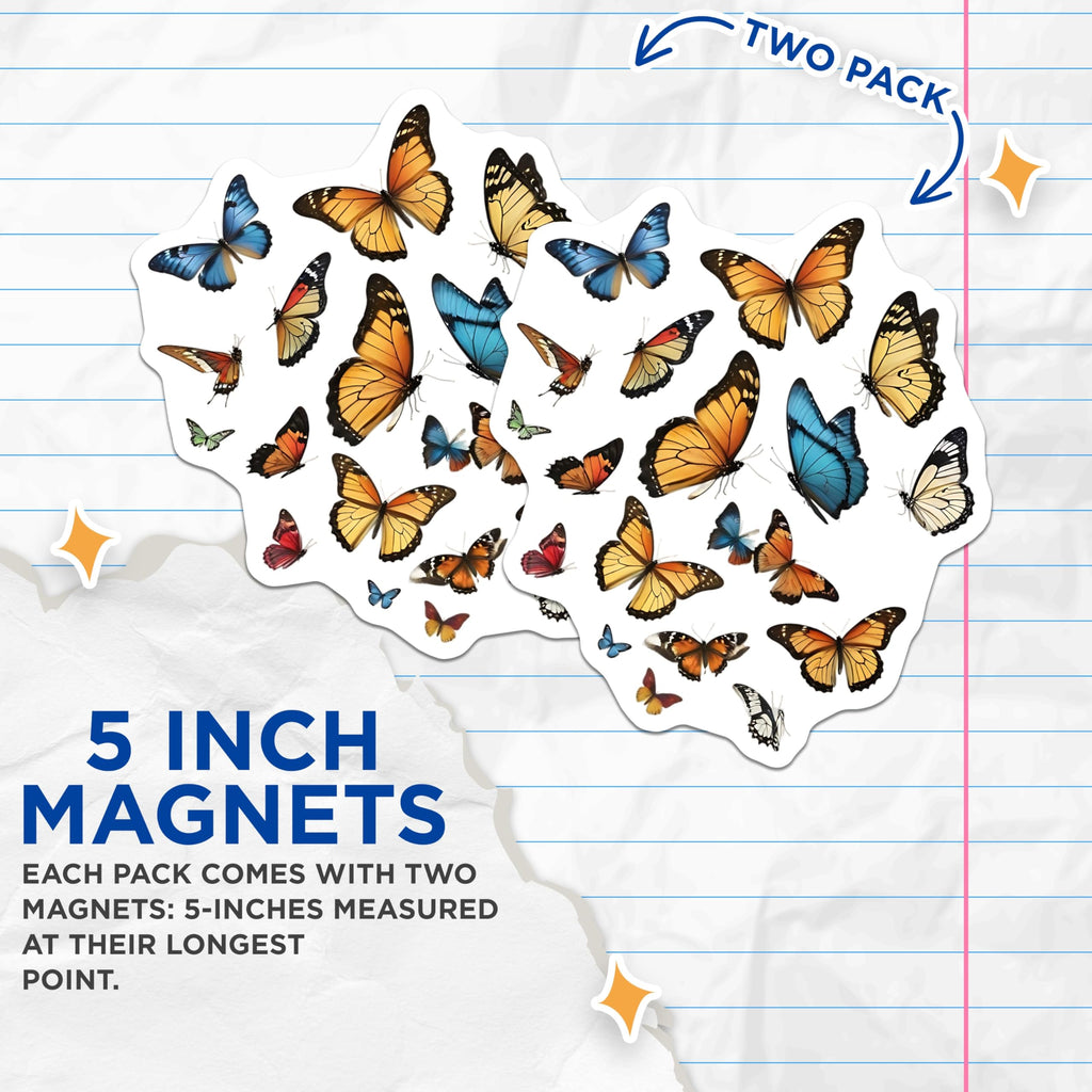 (2 Pack) Butterfly Magnets - Refrigerator Magnets - Decorative Butterfly Art - 5" On Longest Side - Premium Magnet - for Cars, Refrigerators, Toolboxes, Lockers - Made in USA - MAG15674