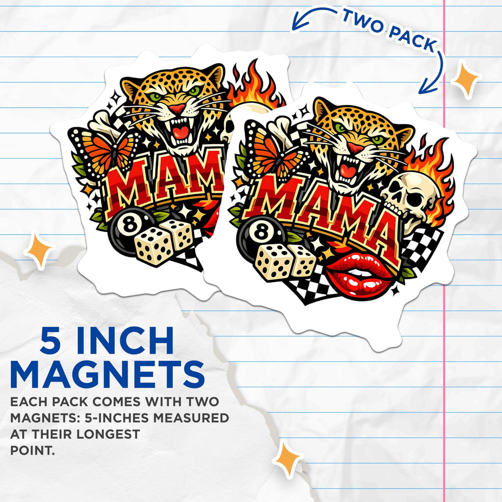 (2 Pack) Fierce Leopard Mama Magnets - Rockabilly Hot Rod Skull Art - Butterfly Dice 8 Ball Edgy Mom Accents - 5 Inches On Longest Side - Thick Durable Magnet - Made in USA - MAG21181