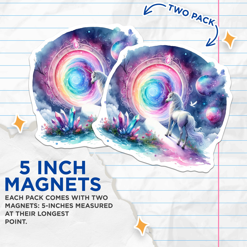 (2 Pack) Unicorn Magnets - Rainbow Portal Art - Magical Fantasy Creature - Dreamcore Aesthetic Decor - Cosmic Scene Artwork - 5 Inches On Longest Side - Thick Durable Magnet - Made in USA - MAG39371